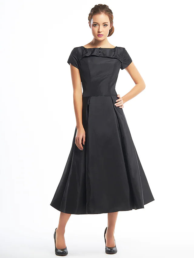 A-Linie Vintage Kleid Homecoming Tee Länge Kurzarm Boot-Ausschnitt Taft mit Knöpfen